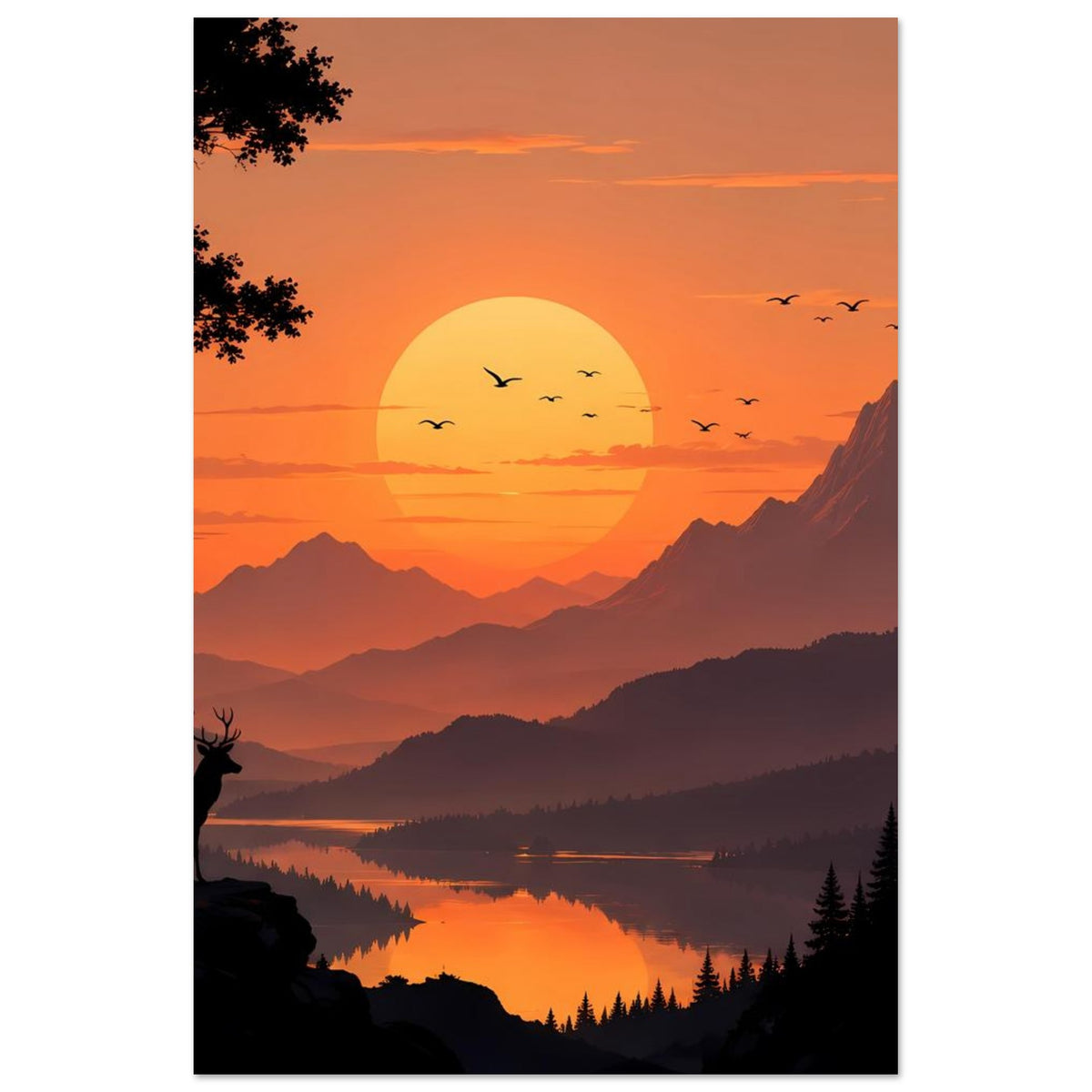 Landschaftsposter (Hochformat): Abendlandschaft mit Bergen, spiegelndem See und Vögeln