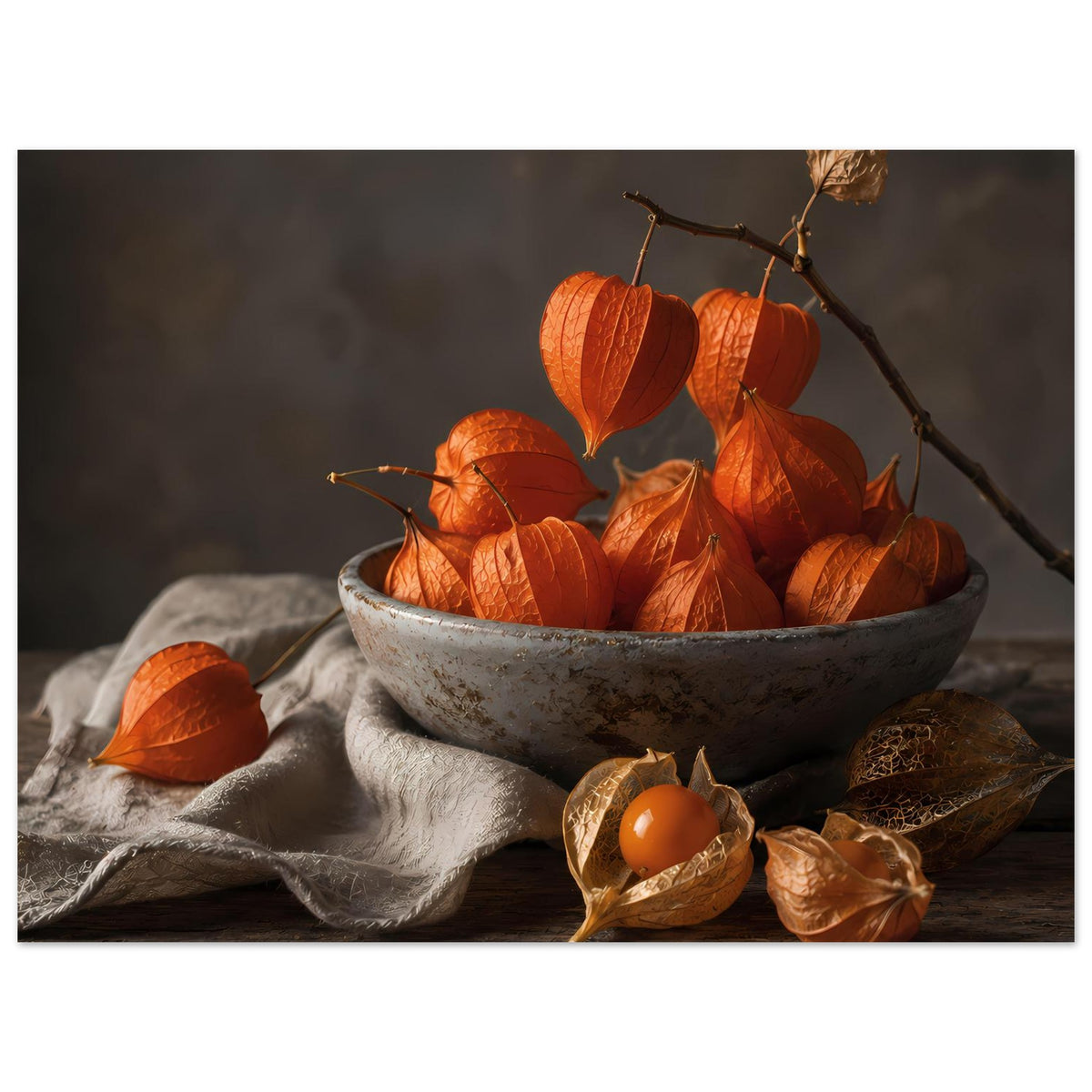 Herbstposter: Schale voller orangefarbener Kürbisfrüchte, Äste, Blätter und faltiges Tuch
