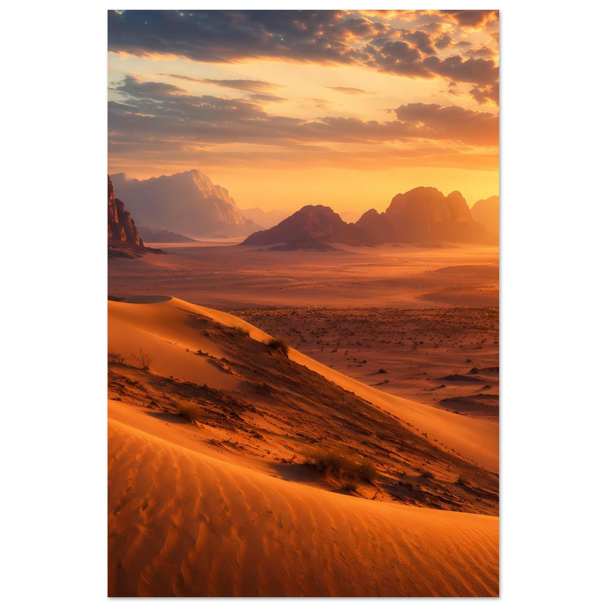 Poster mit Wüstenlandschaft und Sonnenuntergang, goldene Dünenkämme und weite Sandflächen