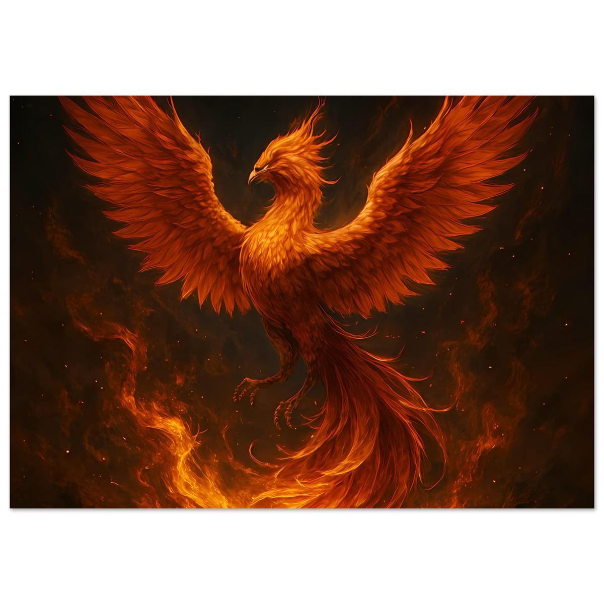 Horizontales Poster mit Phönix in Flammenoptik, orange-gelbe Flügel und Feuerwolken