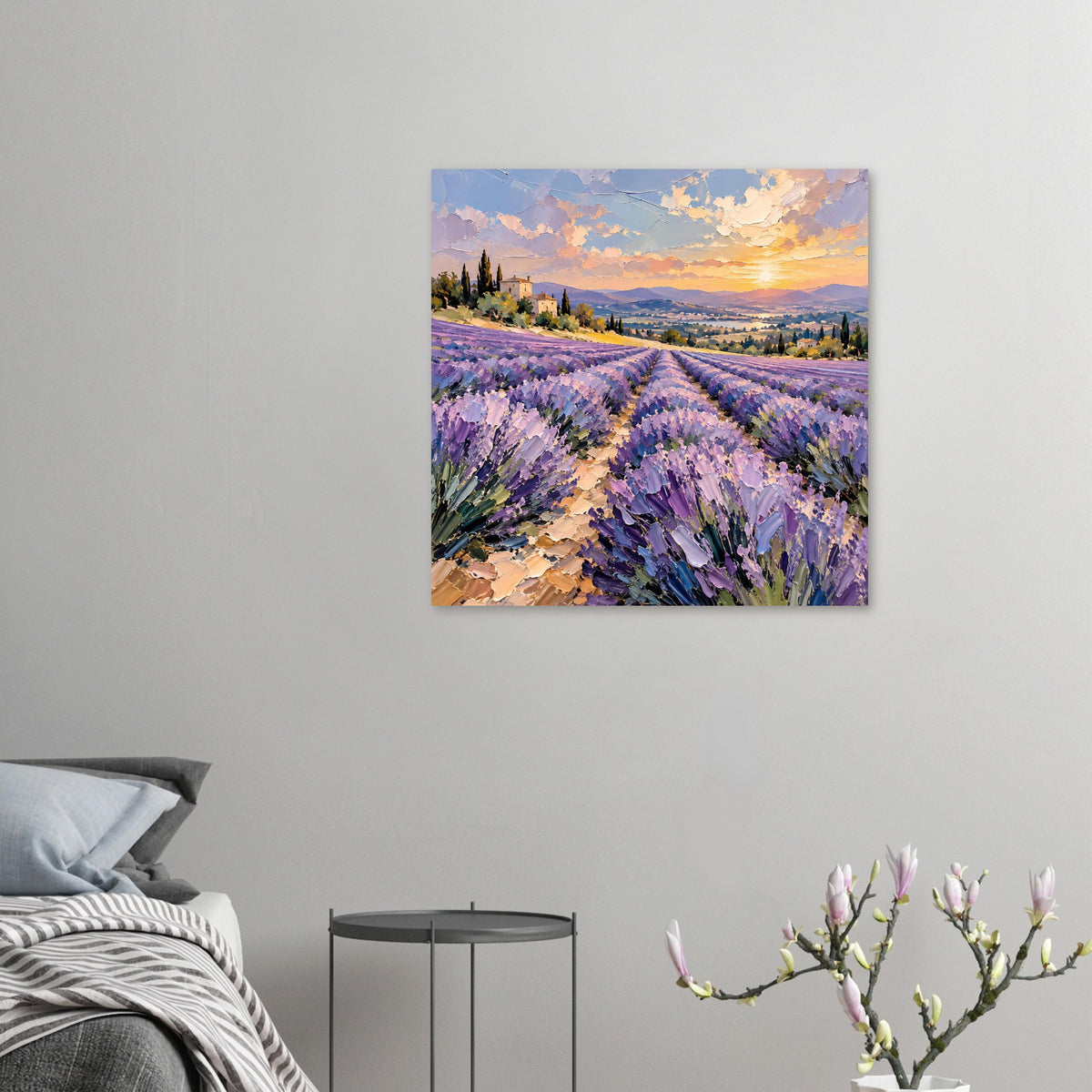 Wanddekor: kleines Poster mit Lavendelfeld bei Sonnenuntergang und lila Blütenreihen