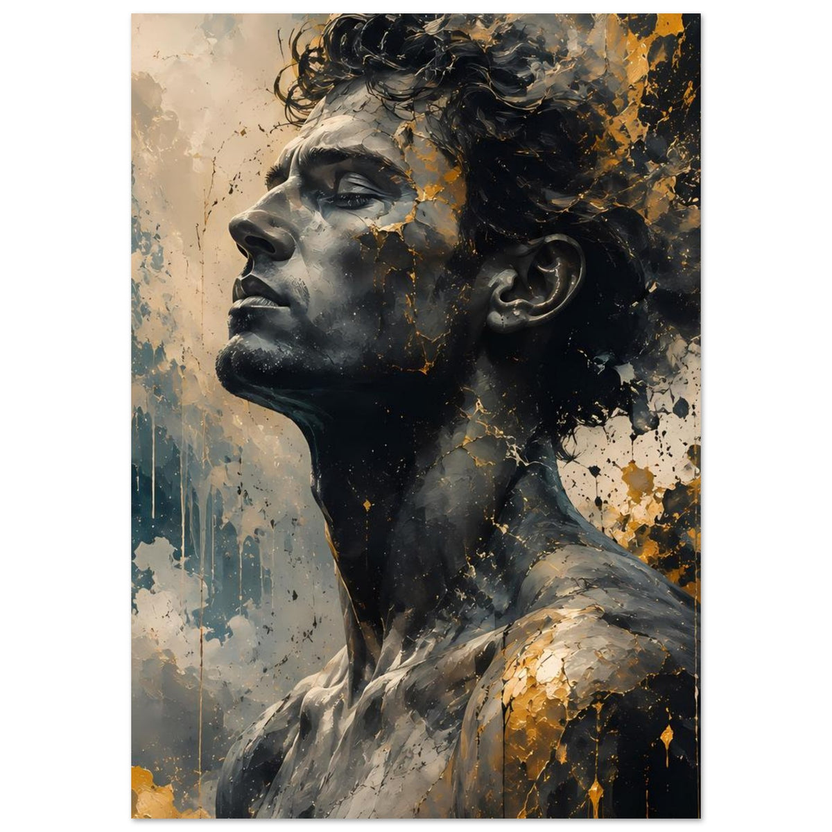 Poster im Hochformat mit Männerporträt, goldene Risse und Flecken auf grauschwarzem Motiv
