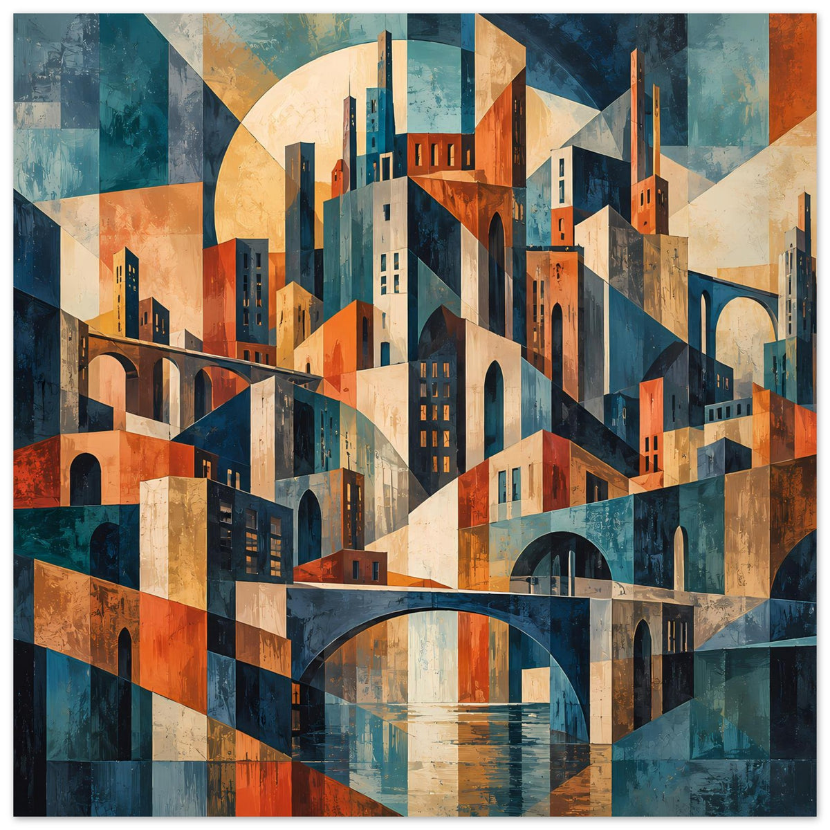 Geometrisches Stadtbild-Poster mit Brückenbogen und Hochhäusern in warmen Blau-, Orange- und Beigetönen