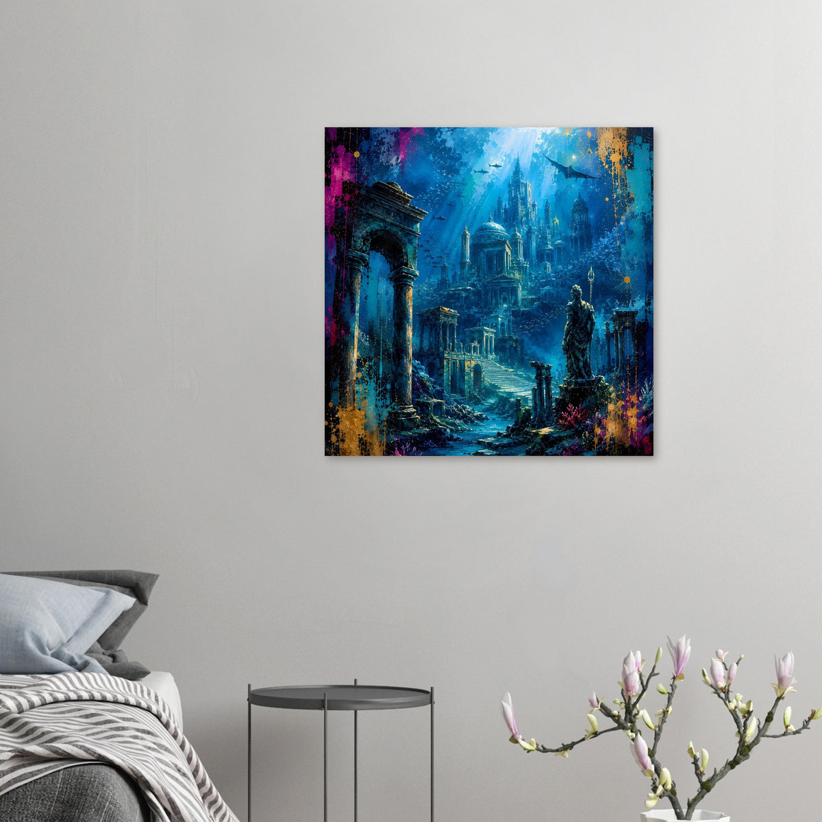 Quadratisches Poster: versunkene Atlantis-Stadt im tiefblauen Meer mit Lichtkegel