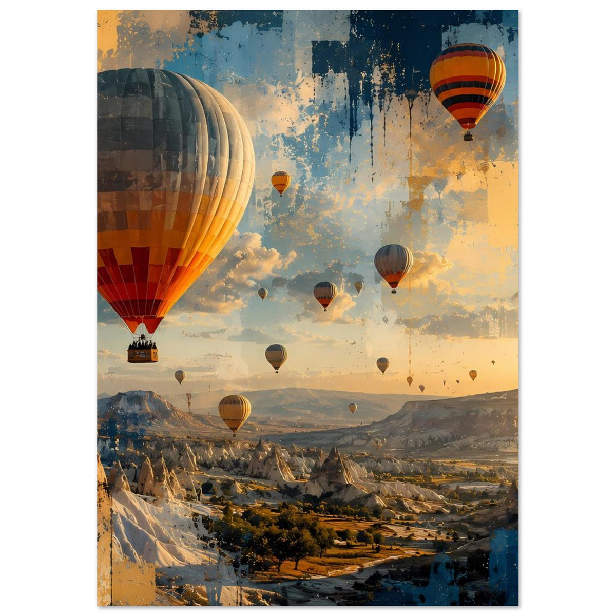 Heißluftballon-Landschaftsposter mit großem orangefarbenem Ballon links und weiteren Ballons über Bergen