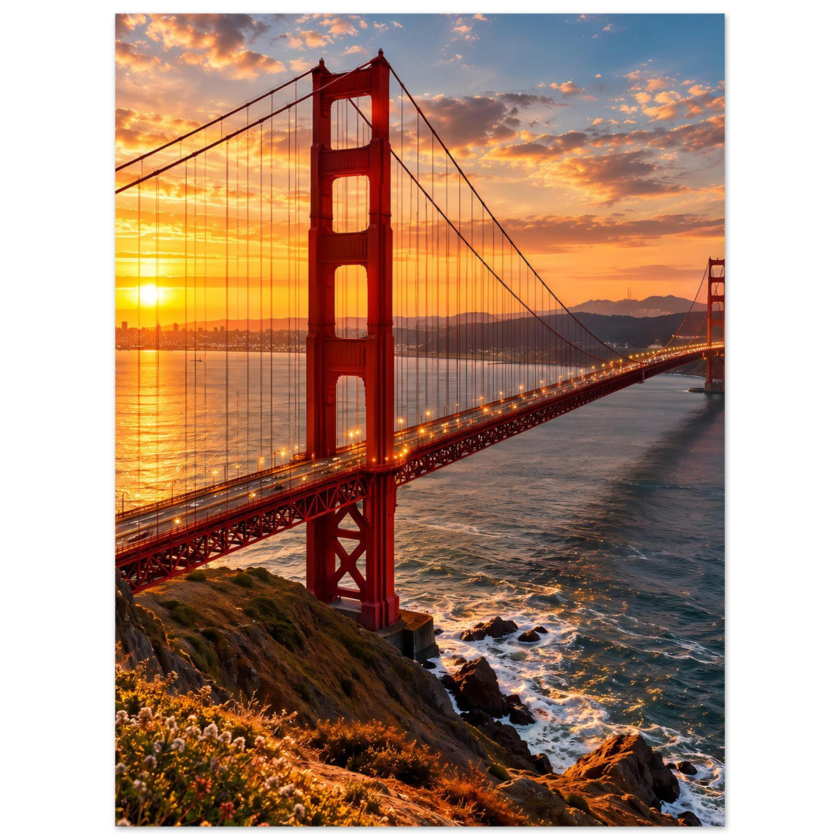 Poster im Hochformat: Golden Gate Bridge bei Sonnenuntergang mit Küstenlinie und Wellen