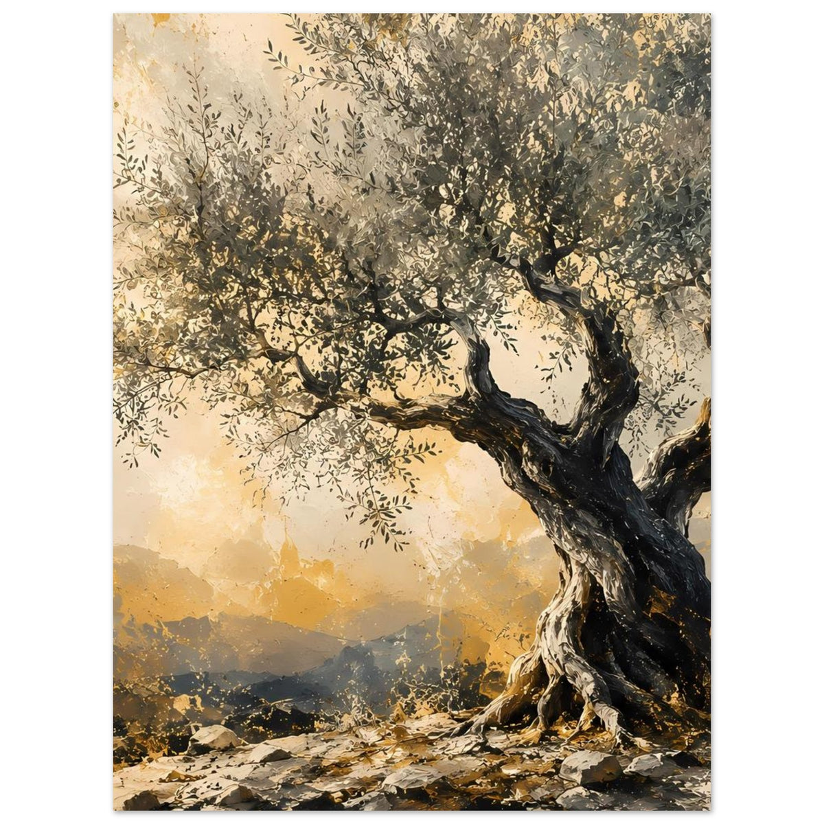Poster mit Olivenbaum-Illustration, dunkel gezeichneter Rinde und ruhiger Landschaft im Hintergrund