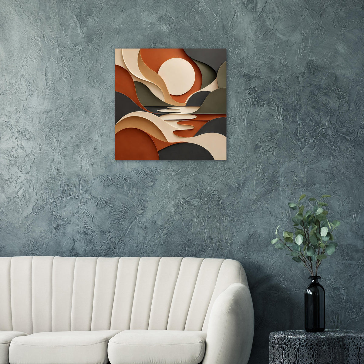 Abstraktes Kunstposter auf dunkler Wand: Terrakotta-, Salbei- und Cremefarben