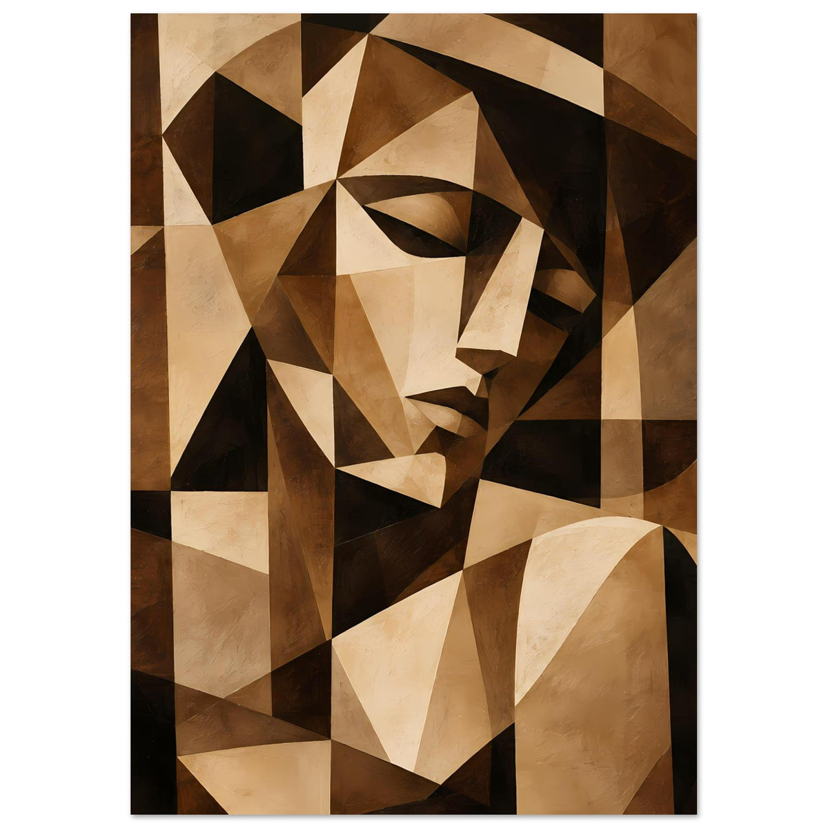 Abstraktes Kunstposter im Hochformat: kubistisches Gesicht mit Braun-, Beige- und Schwarzflächen.