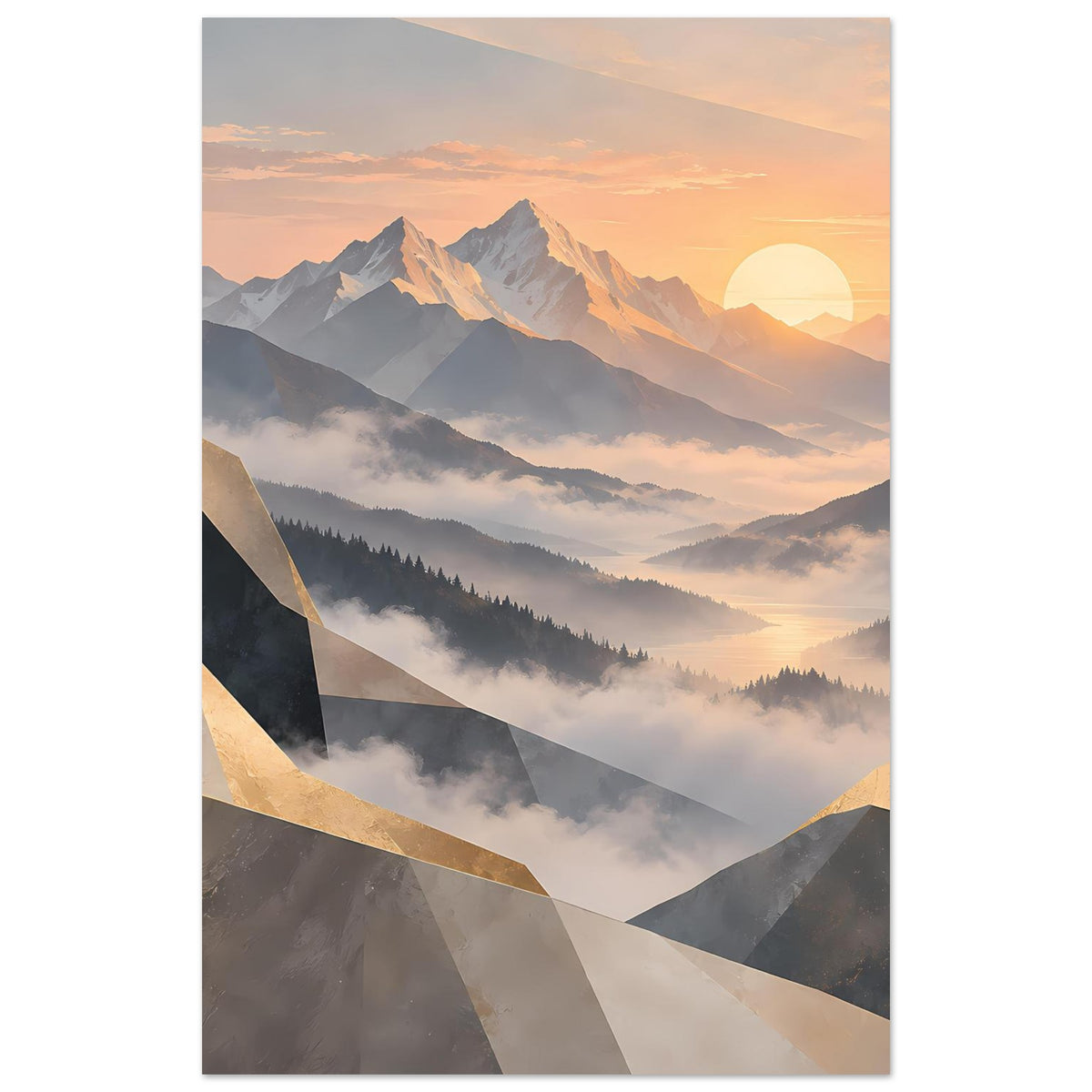 Vertikales Poster mit Berglandschaft und Sonnen am Horizont, goldene Akzente, Nebel