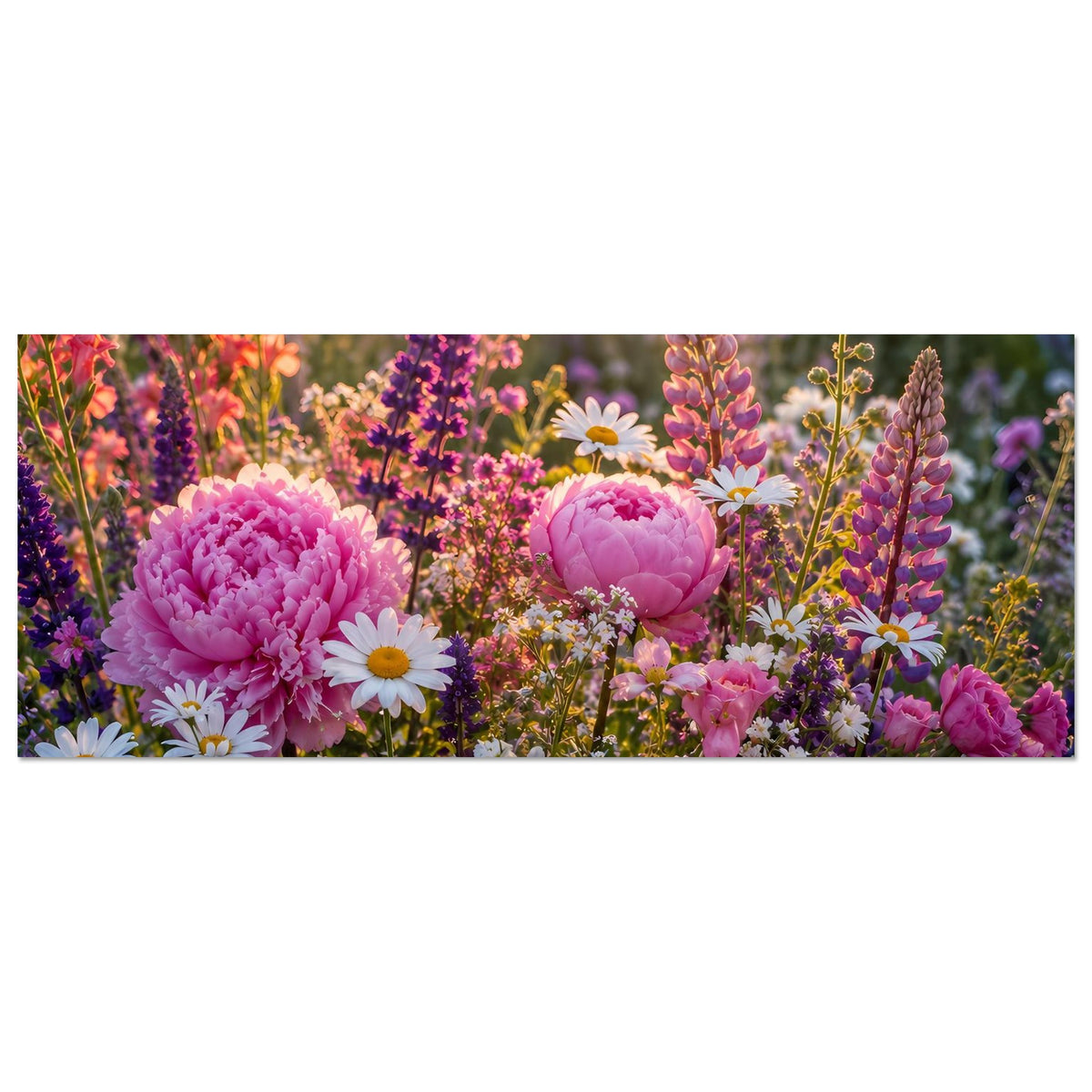 Blumenposter im Querformat mit buntem Blütenmeer aus Pfingstrosen und Gänseblümchen