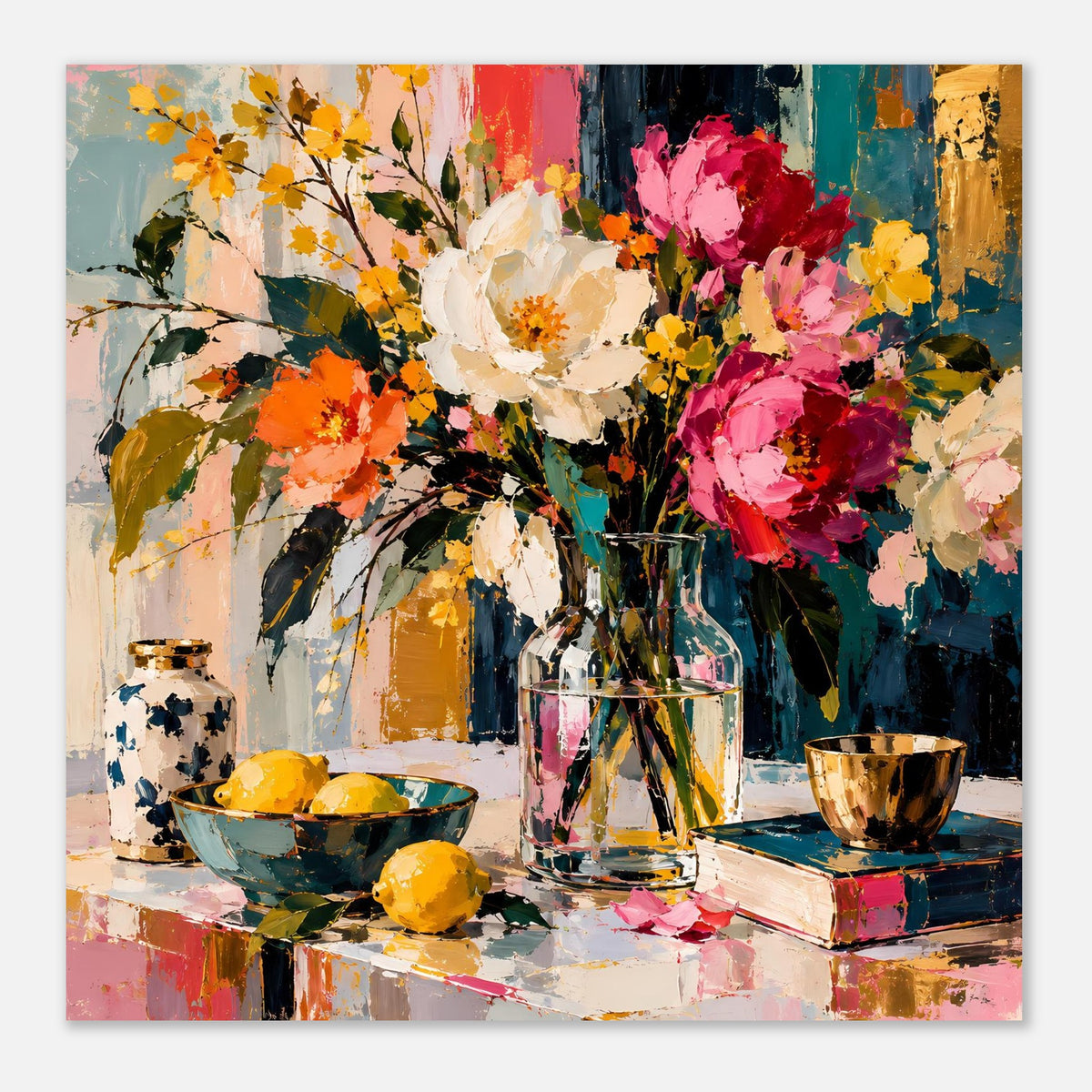 Quadratisches Blumenstillleben-Poster mit bunten Blüten, Glasvase und goldener Tasse
