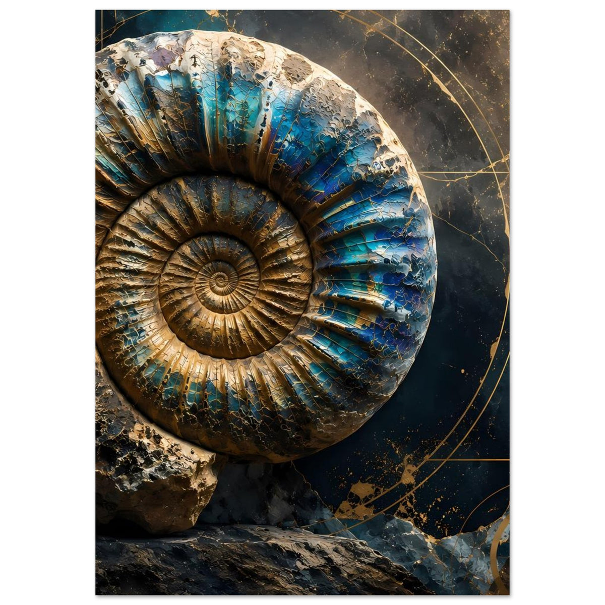 Kunstposter mit Ammonit-Fossil: blaue und goldene Spiralringe, dunkler Hintergrund