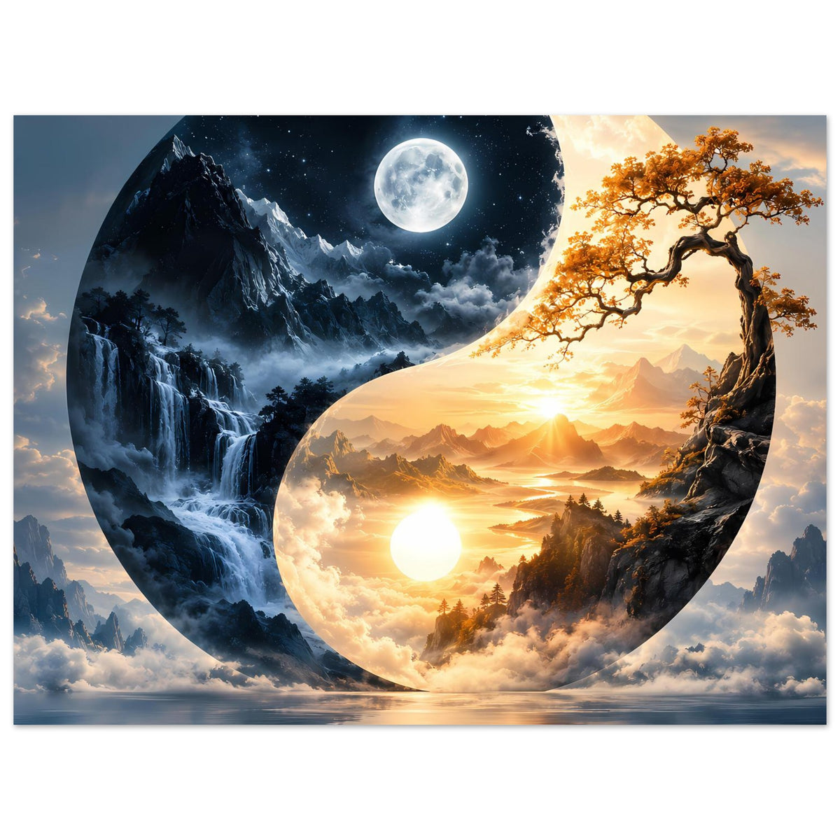 Poster im Nahblick: Yin-Yang Berge, Mond und Sonne über Wolken, ruhiges Wasser unten