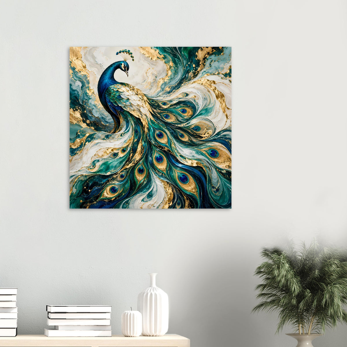 Kleines Pfau-Kunstposter im Quadrat mit blauem Vogel und goldenen Federwirbeln
