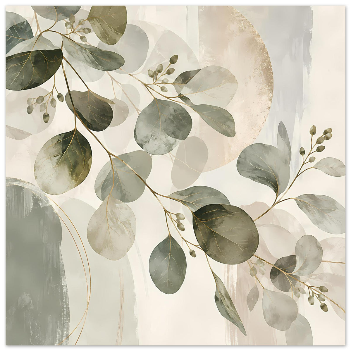 Kunstposter mit botanischem Blätterbogen, graugrünen Blättern und kleinen Blütenrispen
