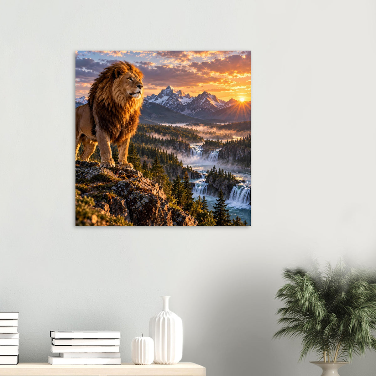 Kleines Poster im Querformat: Löwe auf Felsvorsprung vor Alpenlandschaft bei Sonne