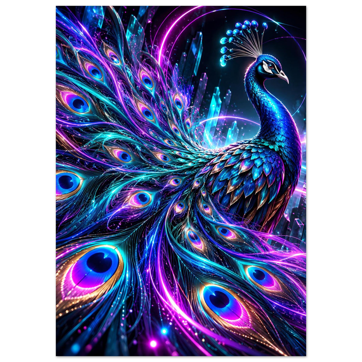 Neon-Pfau-Poster mit blauem Pfau: leuchtender Federfächer mit bunten Augenmustern