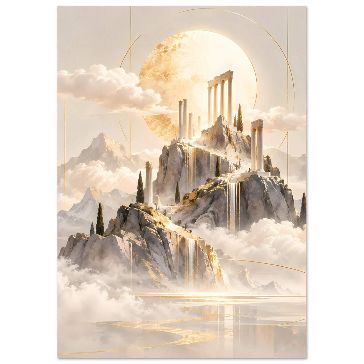 Vertikales Poster mit goldenem Tempelportal über Bergspitzen, Wasserfällen und goldenen Linien