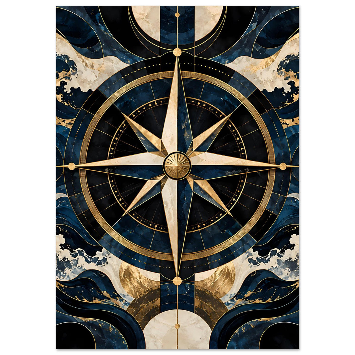 Maritimes Navigationsposter mit Kompassrose, goldenen Linien, Blau und Gold, vertikal