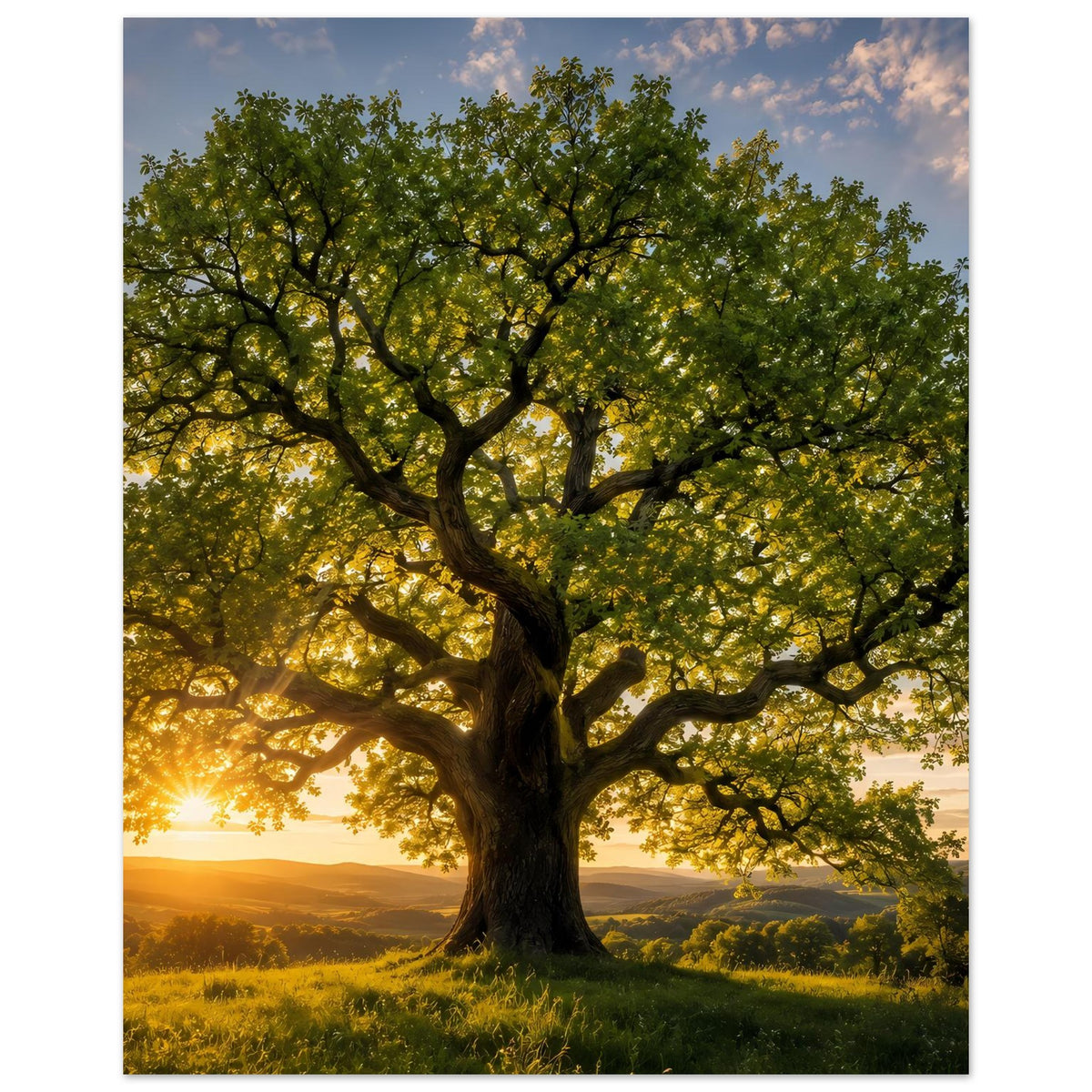 Baum-Poster im Hochformat: weit ausladende Krone, grünes Laub und Sonnenuntergangslicht