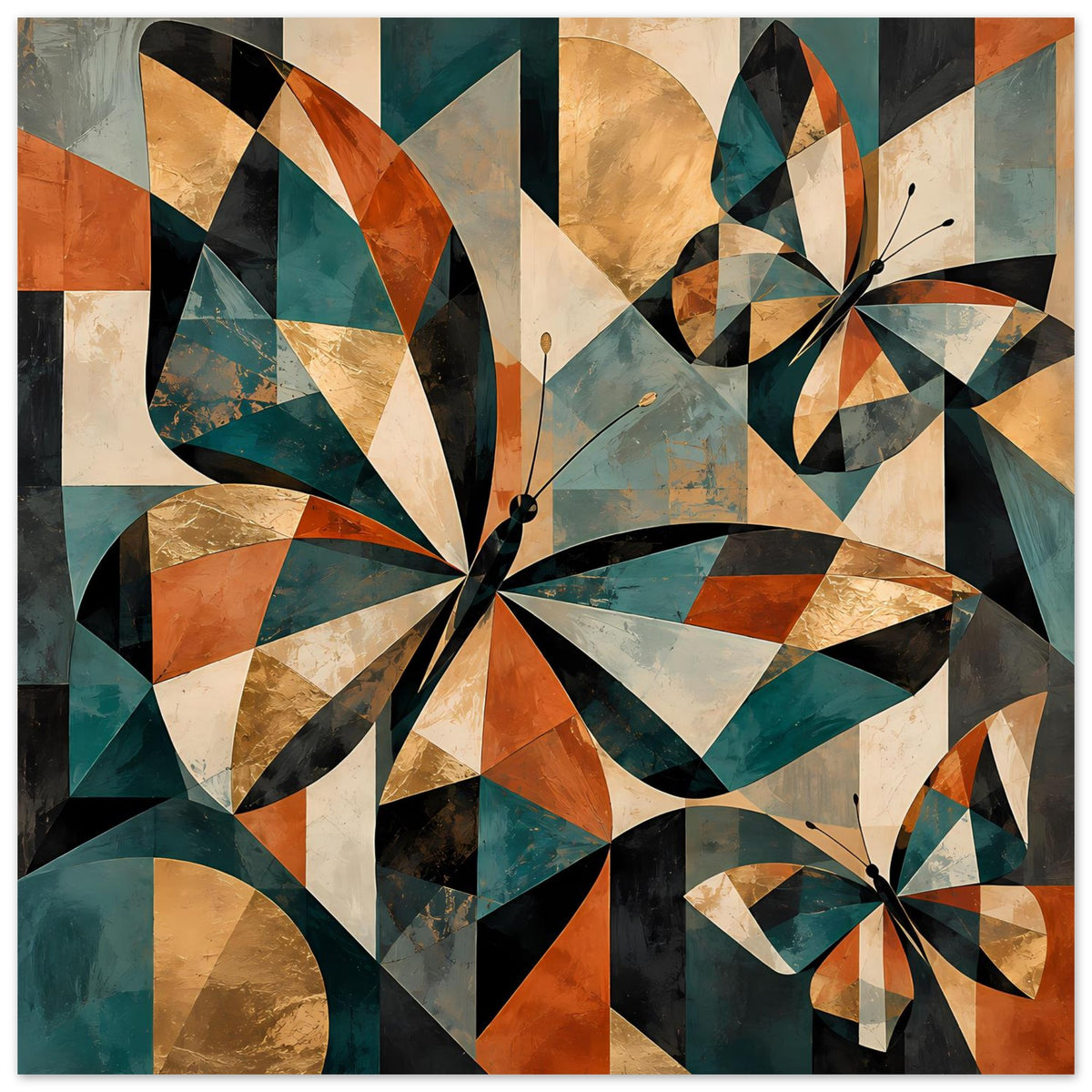 Kunstposter mit geometrischen Schmetterlingen in warmen Erdtönen, naher Bildausschnitt.