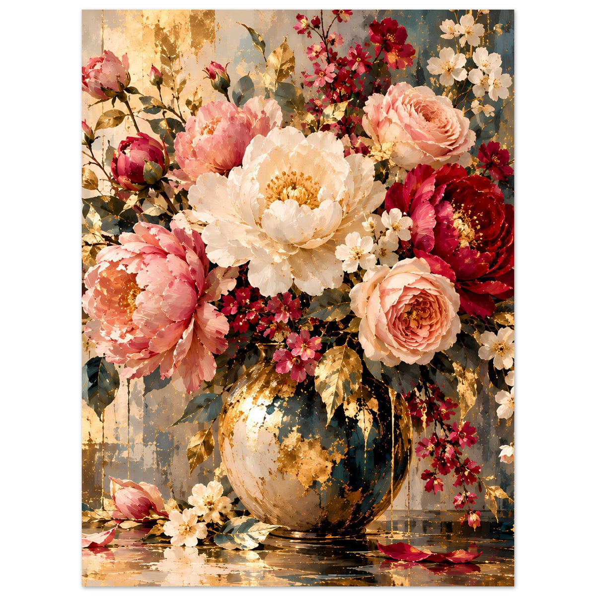Blumenposter, vertikal: Blumen in dunkler Vase, Pfingstrosen und Rosen in Rosa-, Rot- und Cremetönen.