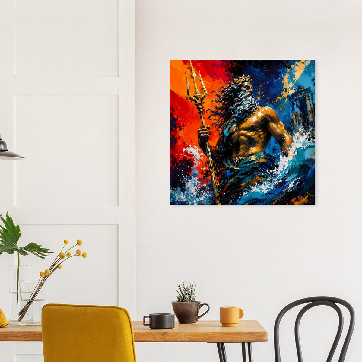Gerahmtes Poster mit Meeresgott und Dreizack, Farbverlauf und Spritztechnik in Blau/Orange.