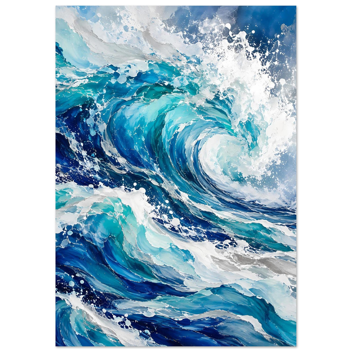 Ozeanwellen-Poster im Hochformat, dynamische Meereswellen in Blau, Türkis und Weiß