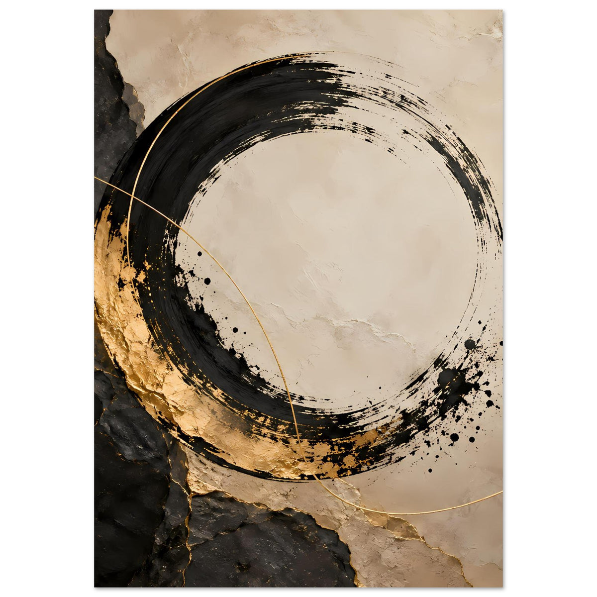 Abstraktes Kunstposter (hochkant) mit Ringkreis, schwarzen Spritzern und goldener Linie
