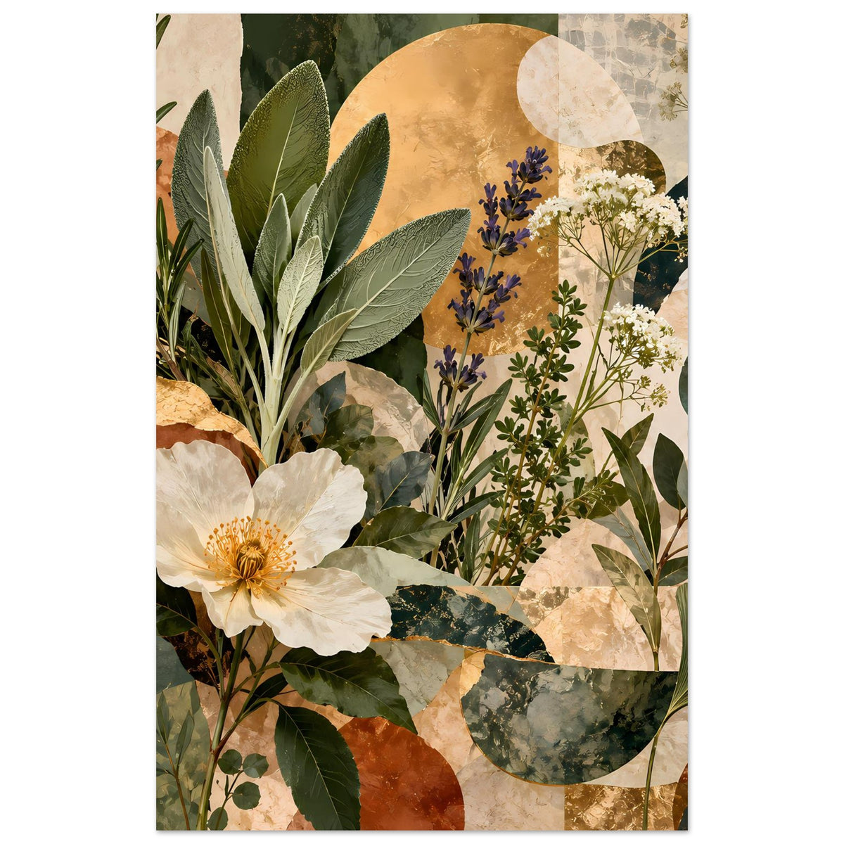 Botanisches Poster (vertikal) mit großen weißen Blüten, blauen Blütenspitzen und grünen Blättern