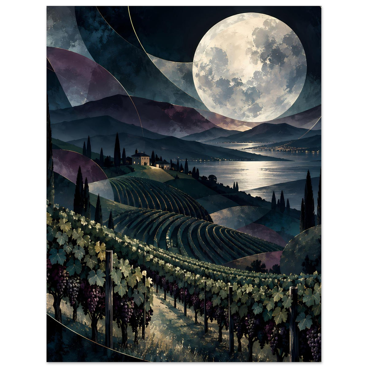 Nachtlandschaftsposter mit Weinberg-Reihen, Vollmond, Seeufer und dunklen Hügeln