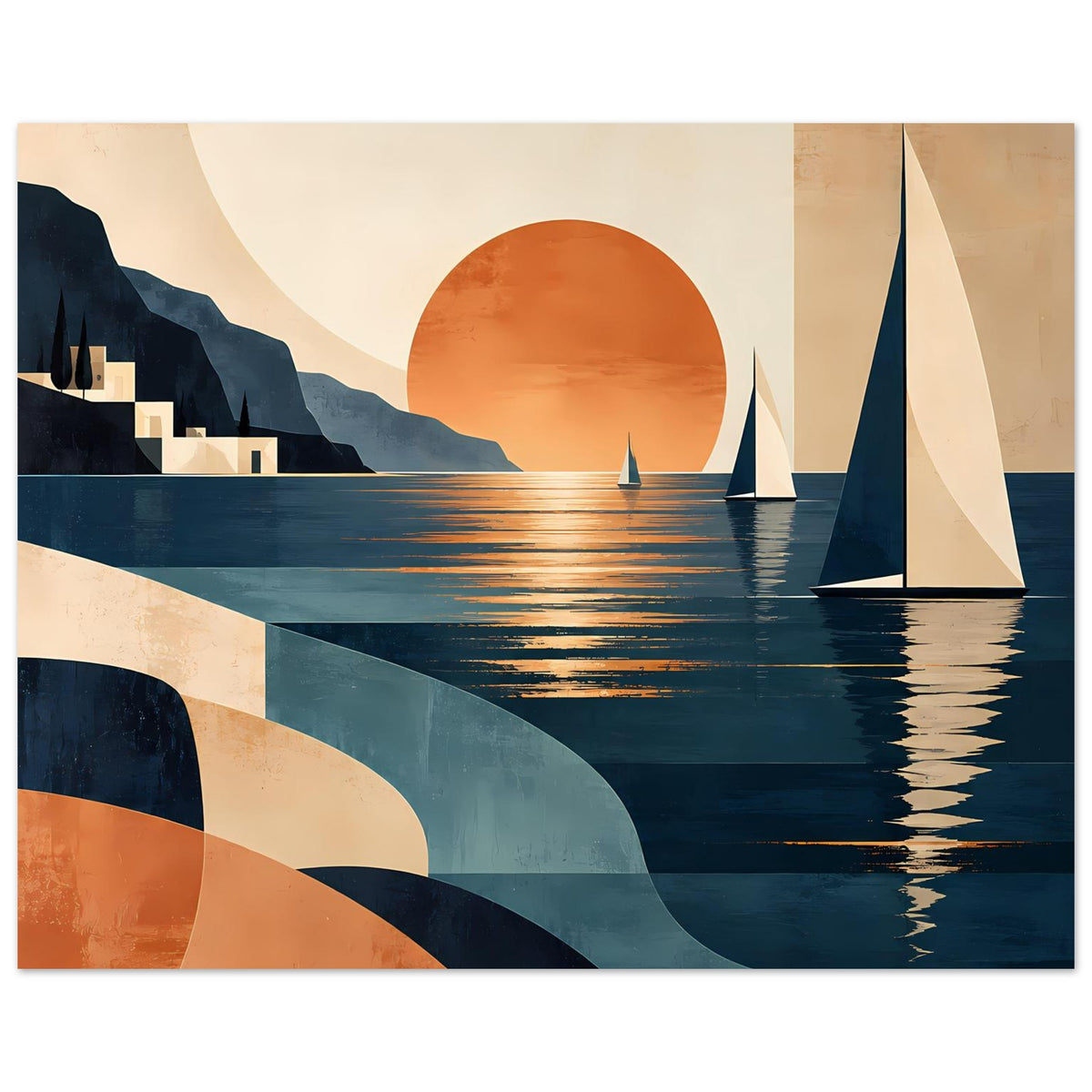 Horizontales Poster mit Segelbooten, orangefarbener Sonne und spiegelndem Meer in warmen Blau- und Orangetönen