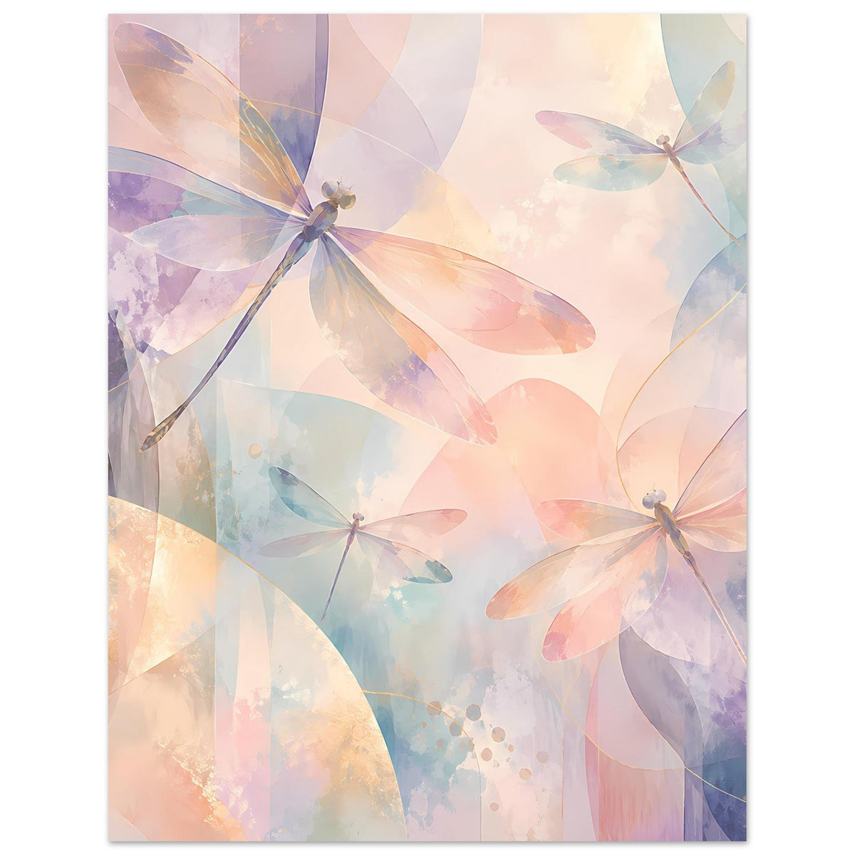 Pastellposter mit mehreren Libellen und abstrakten Flächen in Pfirsich, Lavendel und Blau