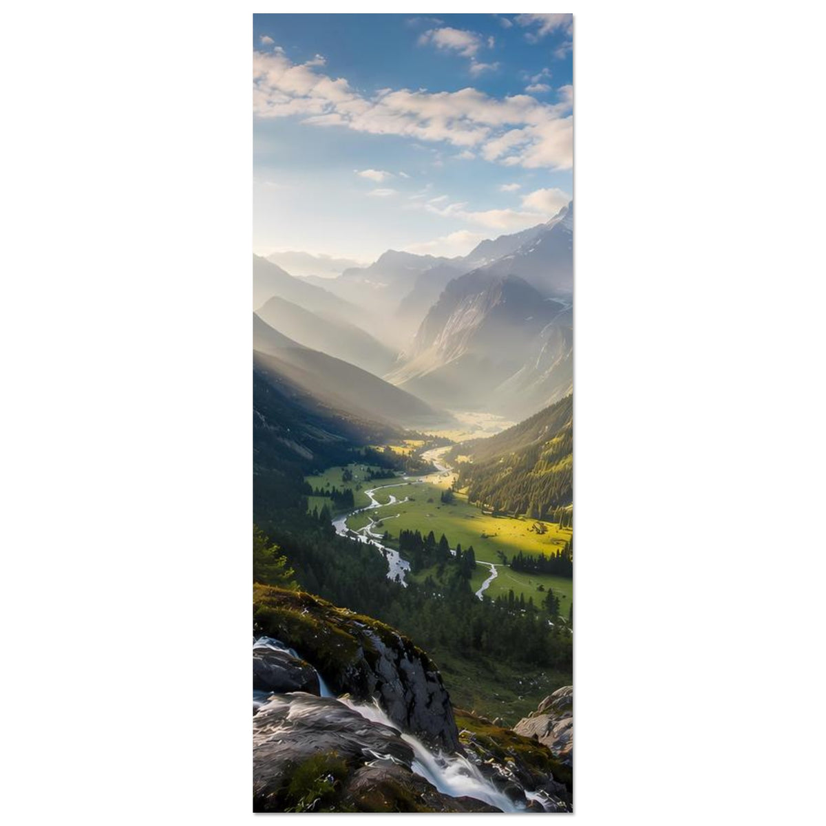 Hochkant-Poster Bergtal: schmaler Bachlauf, gelbe Wiesenflächen und Berge im Hintergrund