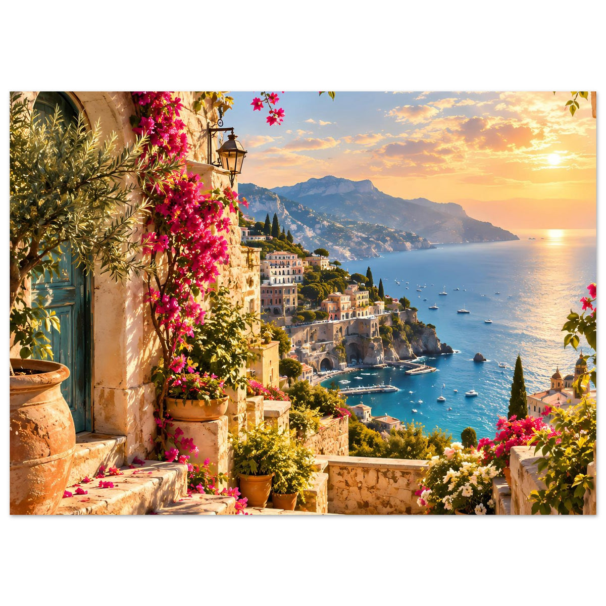 Küstenlandschafts-Poster mit Abendhimmel, mediterranem Treppenweg, Blüten und ruhigem Meer