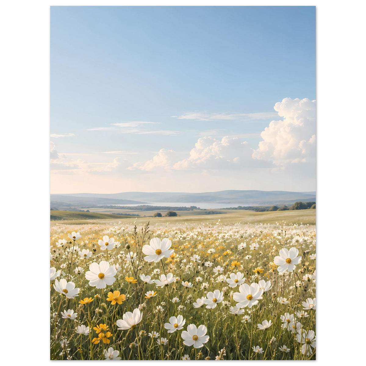 Poster mit Wildblumenwiese: weiße Blüten, etwas Gelb und blau bewölkter Himmel