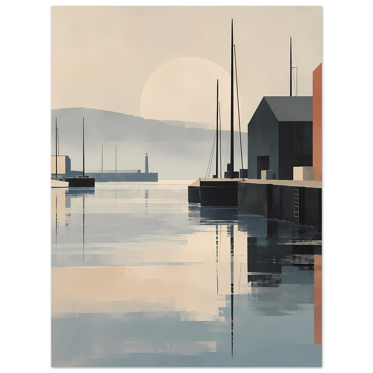 Minimalistisches Hafen-Sonnenuntergangs-Poster im Hochformat mit dunklen Schuppen und Wasser, Rand