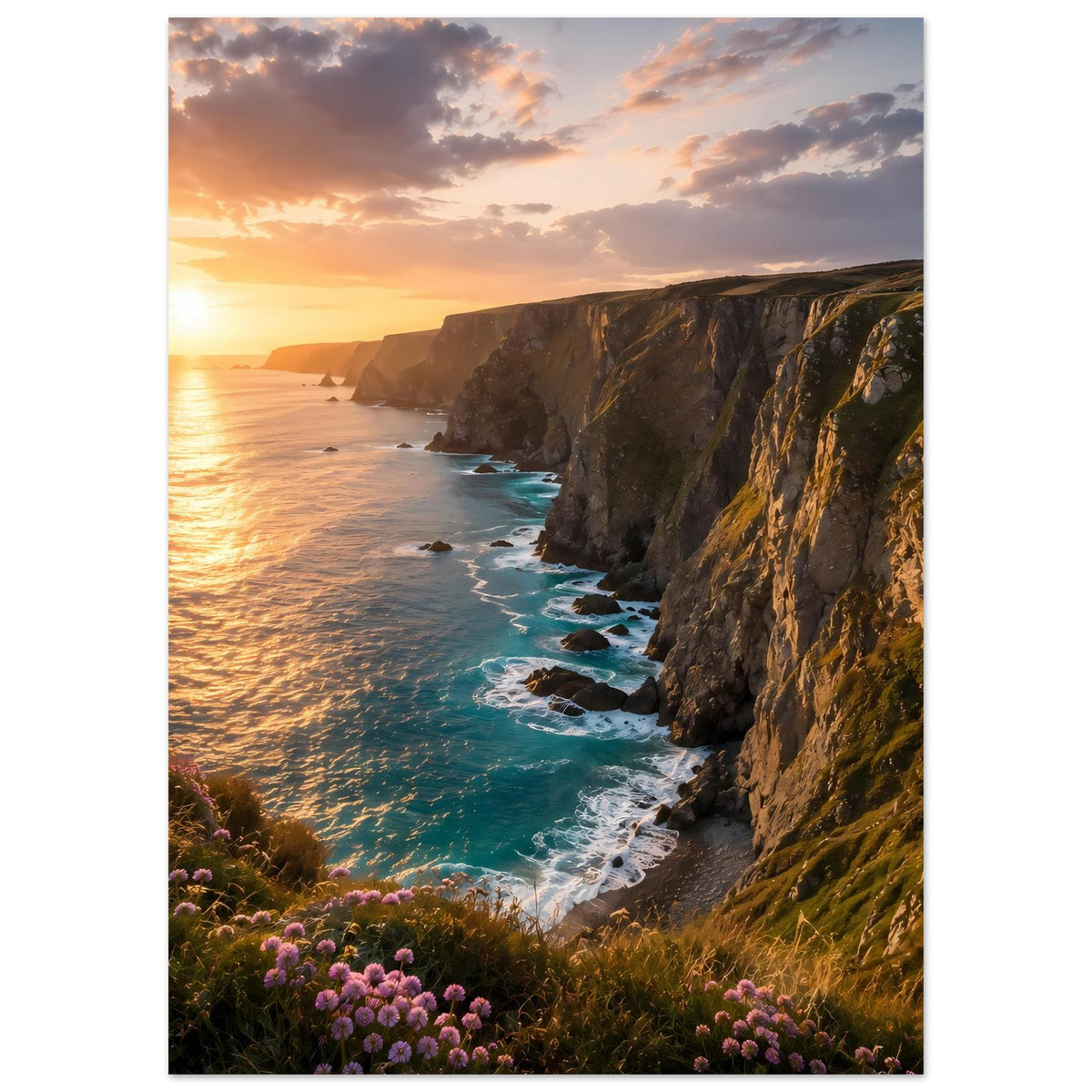 Hochformat-Poster mit Sonnenuntergang an der Küste, Klippen rechts und Blumen unten.