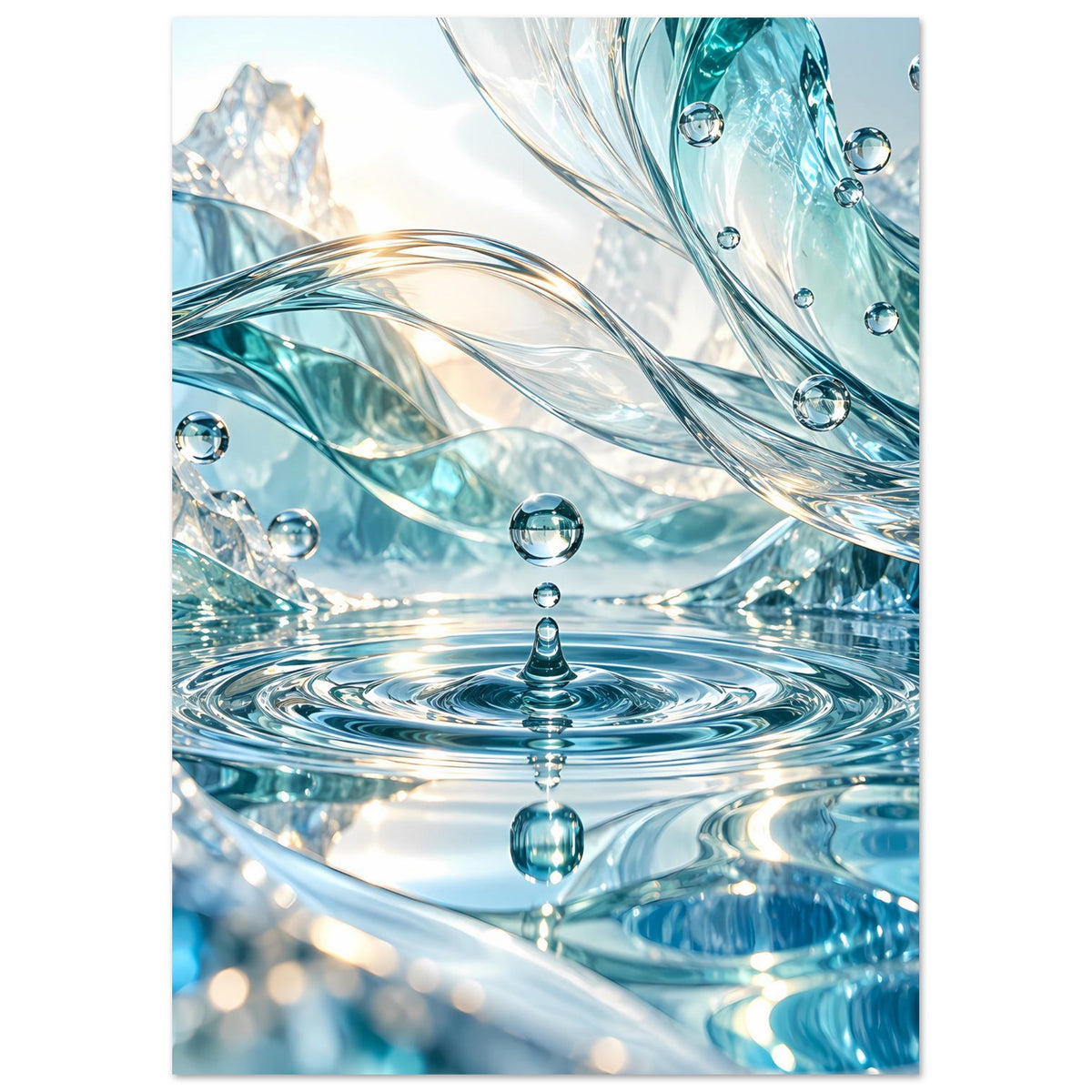 Vertikales Wasserwelt-Poster mit türkisblauen Tropfen, Wellenwirbel und schimmernden Strängen