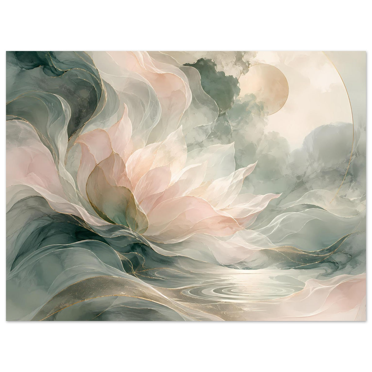 Abstraktes Blumenposter mit zarten Blüten in Creme/Rosa und grünen Strömungen, horizontal