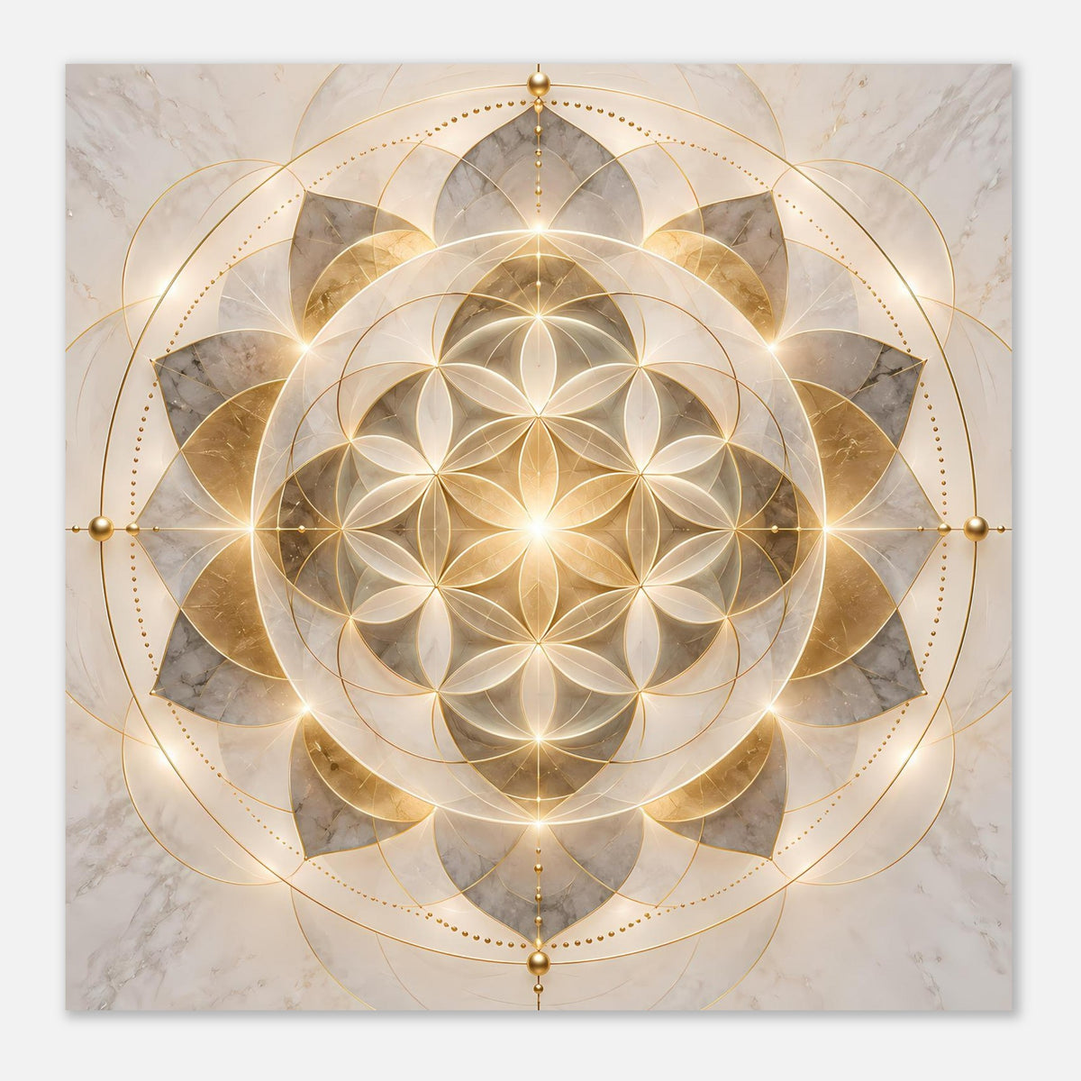 Nahansicht Mandala-Ornament-Poster mit goldenen konzentrischen Ringen und sternförmigen Blüten