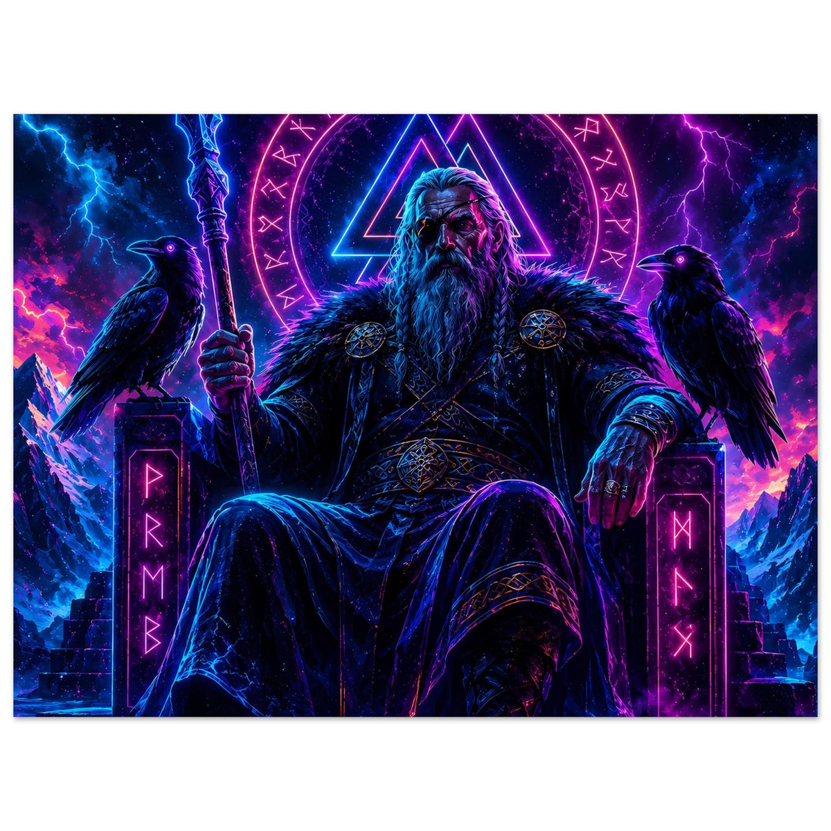 Fantasy-Poster: Wikingerkönig mit Fellumhang, Dreiecks-Neon-Siegel und Runenkranz