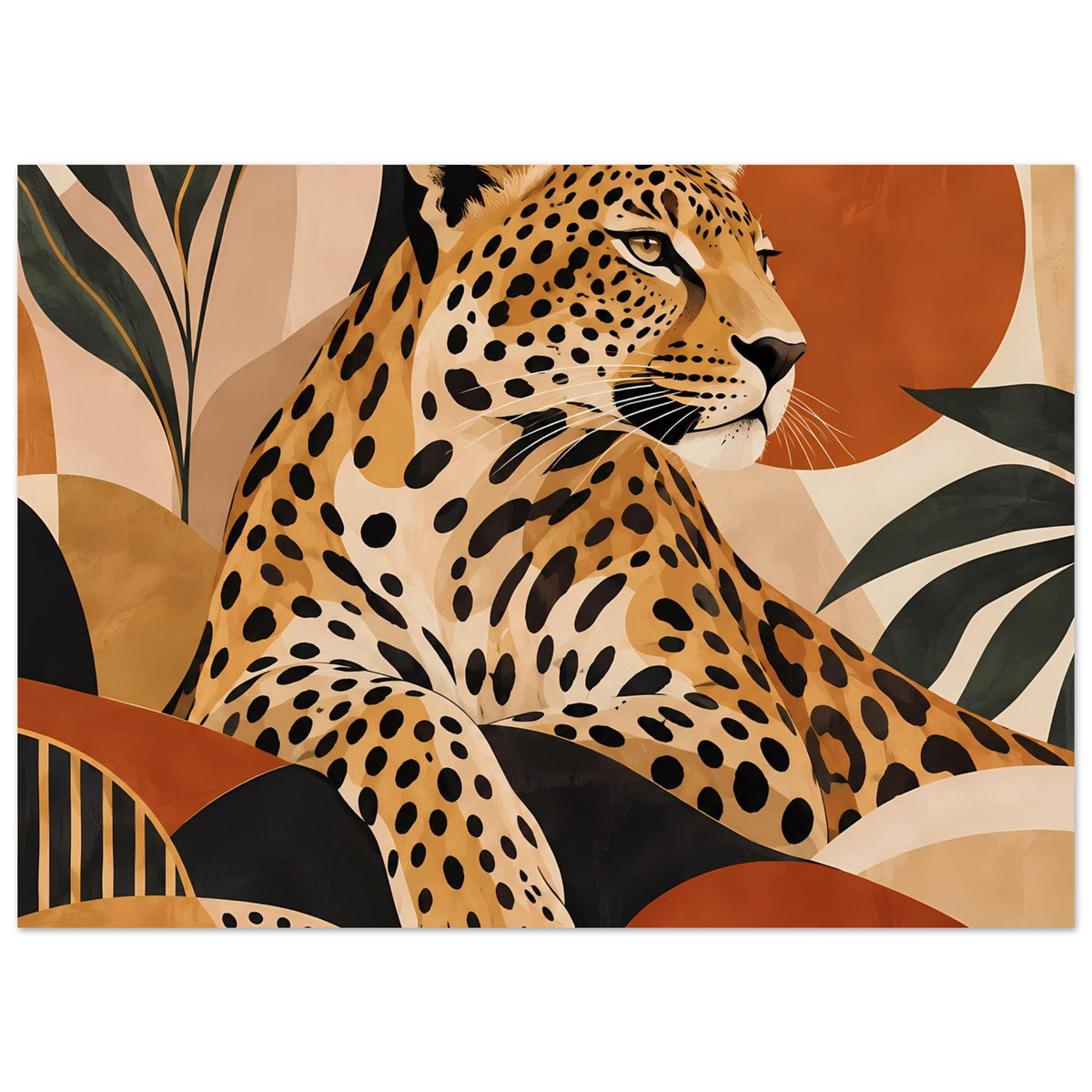 Breites Boho-Tierposter mit Leoparden auf beigem Muster, schwarzen Flecken und organischen Formen