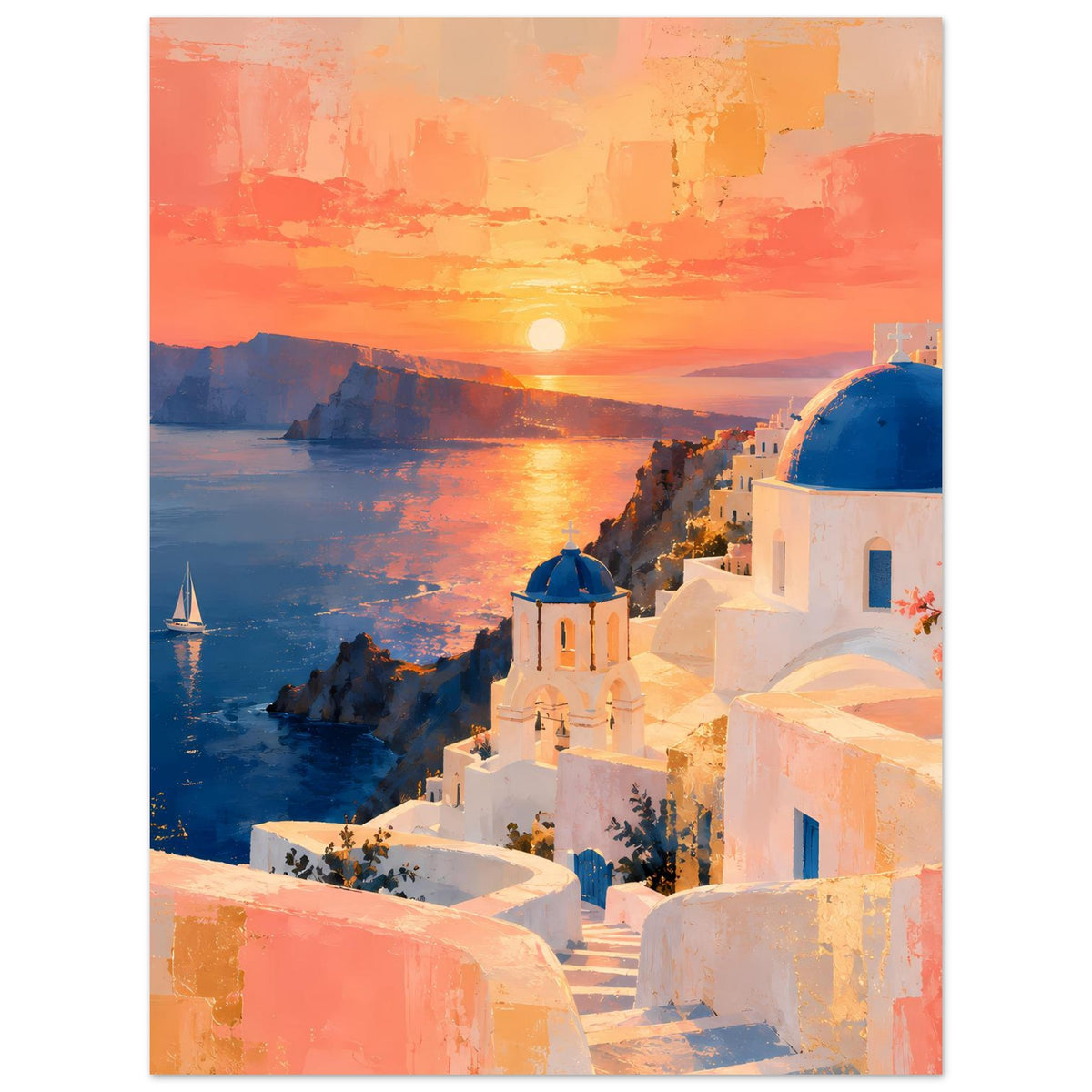 Wandposter im Hochformat mit Sonnenuntergang, Felsbucht und weißen Gebäuden