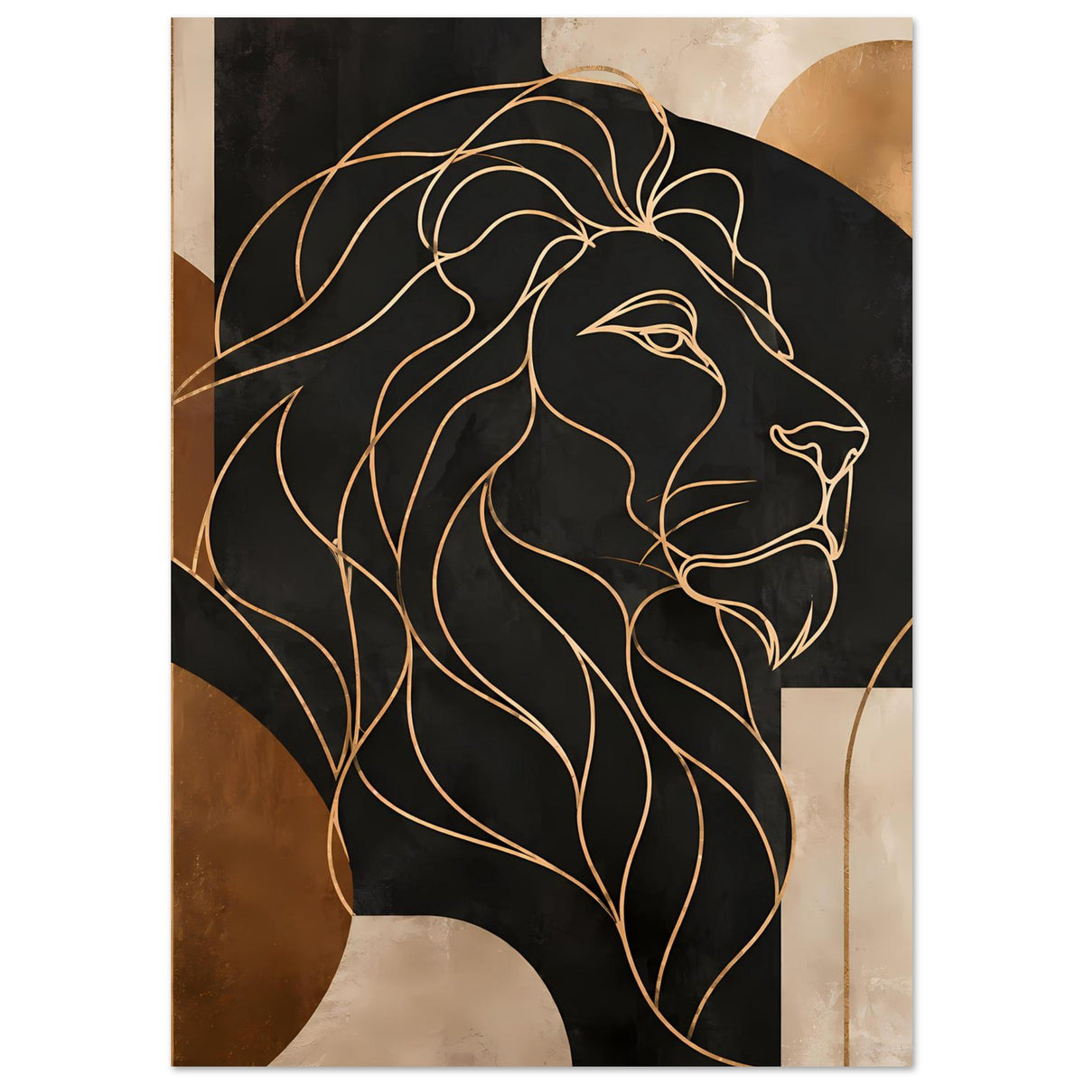 Poster: Löwenkopf mit goldener Liniengrafik, zentrierter Ausschnitt auf dunklem Grund