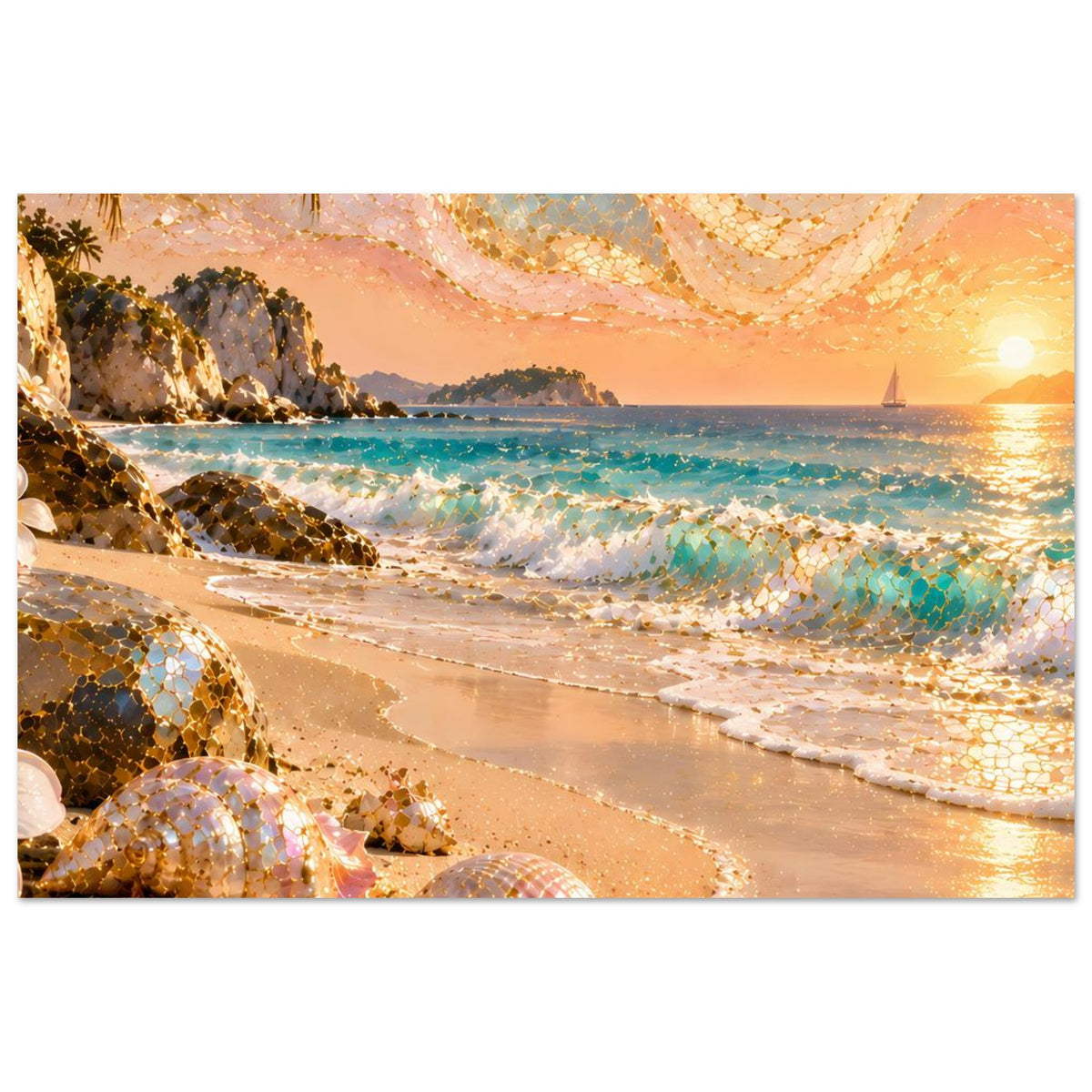 Horizontales Strandposter: Muscheln am Strand, goldene Mosaikakzente, Sonnenuntergang über dem Meer