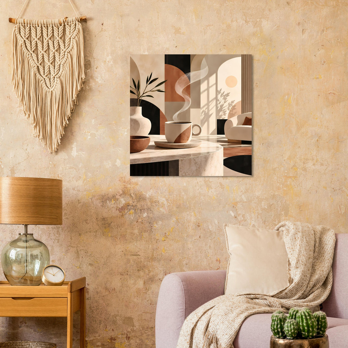 Wandposter mit warmen Erdtönen und Stillleben: Tassen, Vase und Pflanzenmotive
