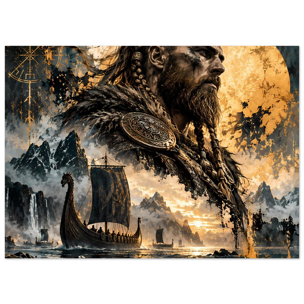 Poster mit Viking-Krieger, Schild am Rücken, Wikingerschiff auf Wasser und Berge im Hintergrund