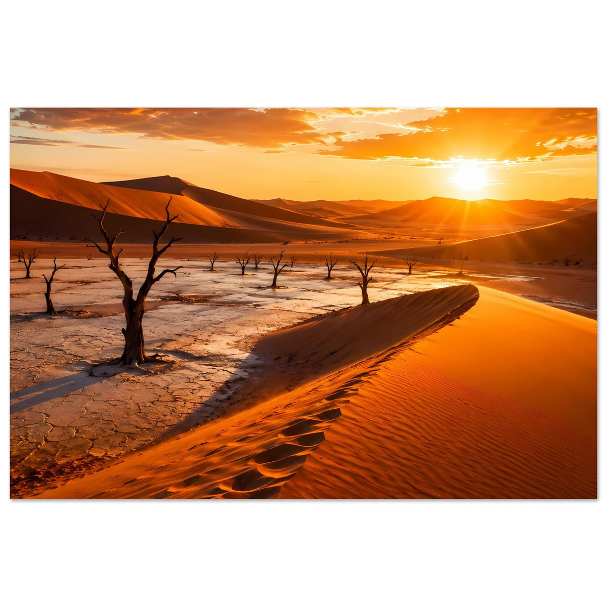 Poster mit Wüsten-Sonnenuntergang: glühende Dünen, Trockenzone und eine Baumreihe